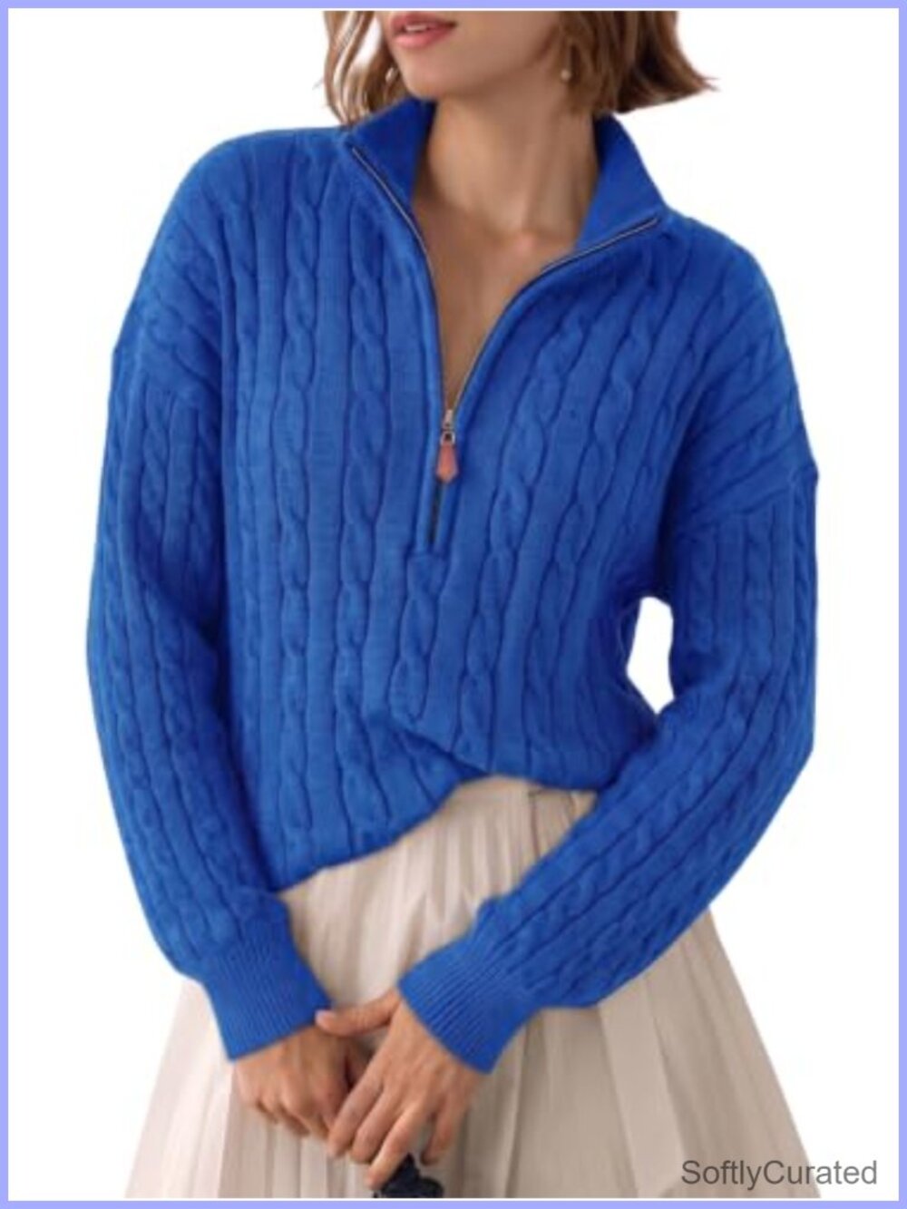 Quarter Zip Ribbed Cable Knit Pullover Sweater Mock Neck V-Neck